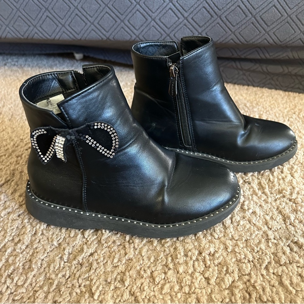Tahari | Black Ankle Boots with Rhinestone Bow - Picture 3 of 8